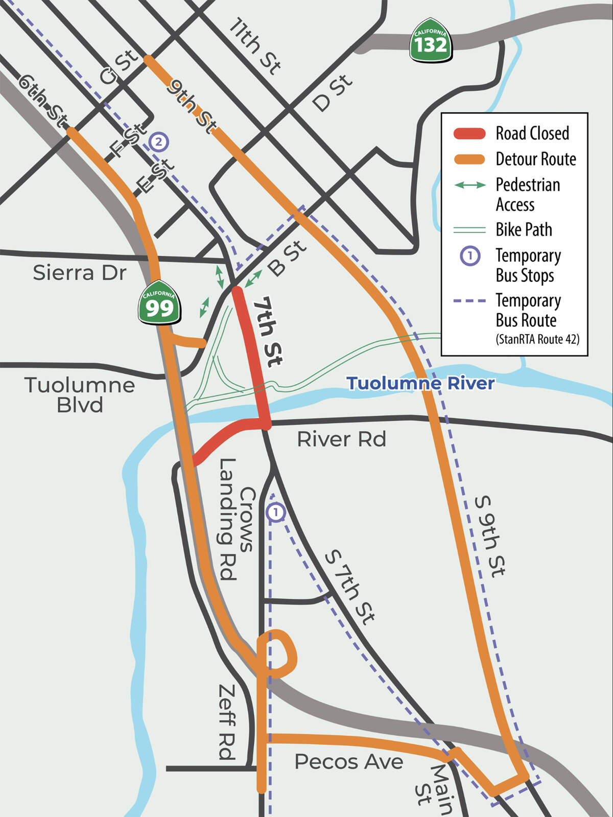 Detours will begin March 16, 2026, while the Seventh Street Bridge in Modesto is replaced.