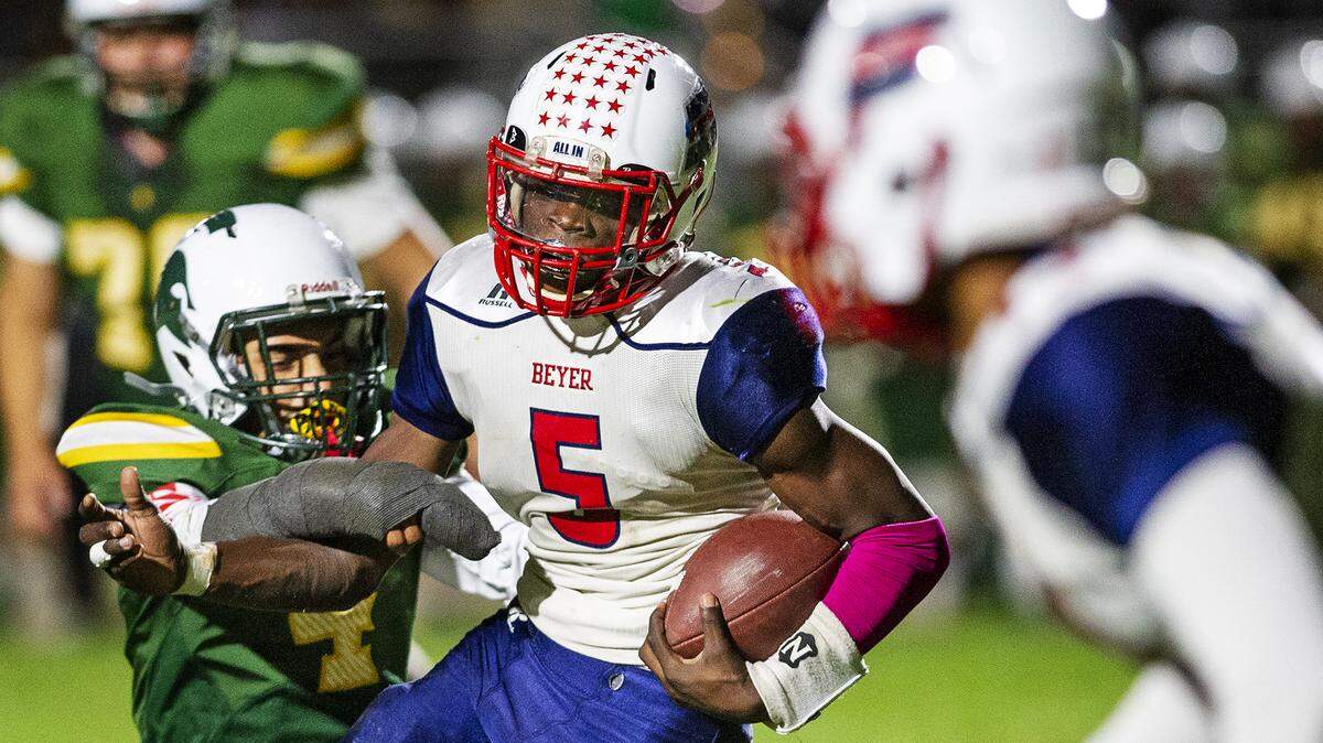 Beyer’s Darius Murphy runs the ball after an interception during the Western athletic Conference game at Gregori High School in Salida, Calif., Thursday, Oct. 17, 2019.