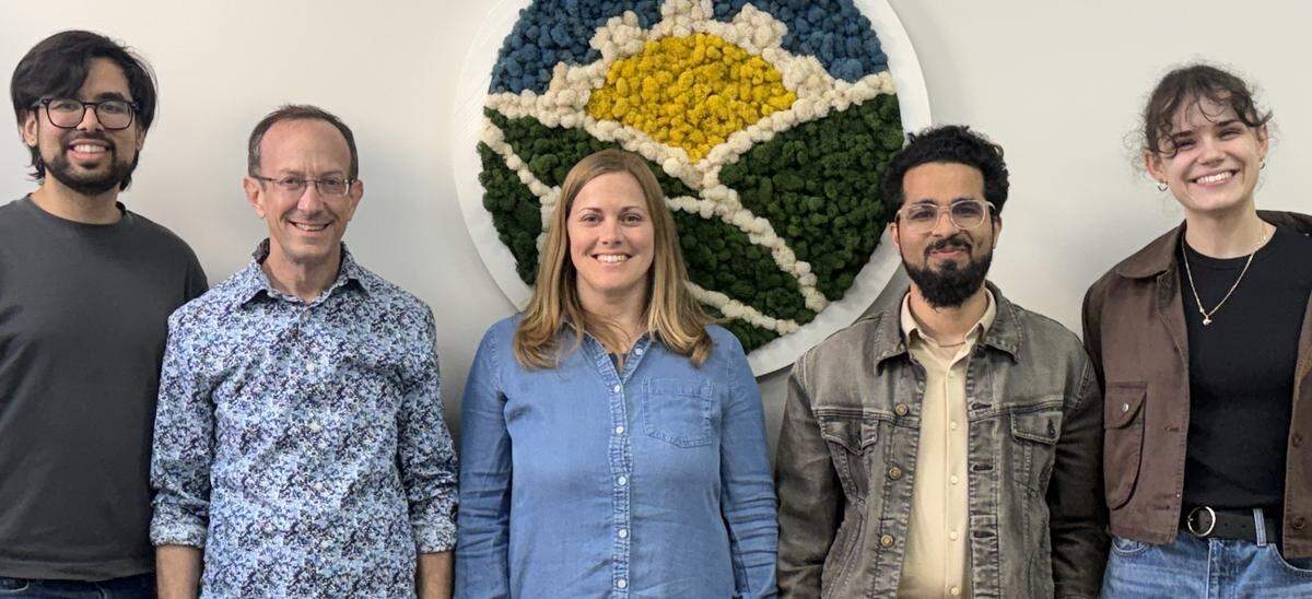 Five bioindustry startups got grants in March 2026 from the BEAM Circular Accelerator in Modesto. From left are Saurabh Malani of Fermeate, Charlie Silver of Ruby Bio, Emma Skoog of Krokos Bio, Hitesh Manglani of Supercarb and Marie Eric of Tastee Tape.