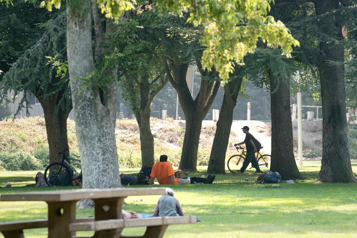 Homeless residents sit in the shade at Kewin Park in Modesto, Calif., Thursday, August 9, 2018. 