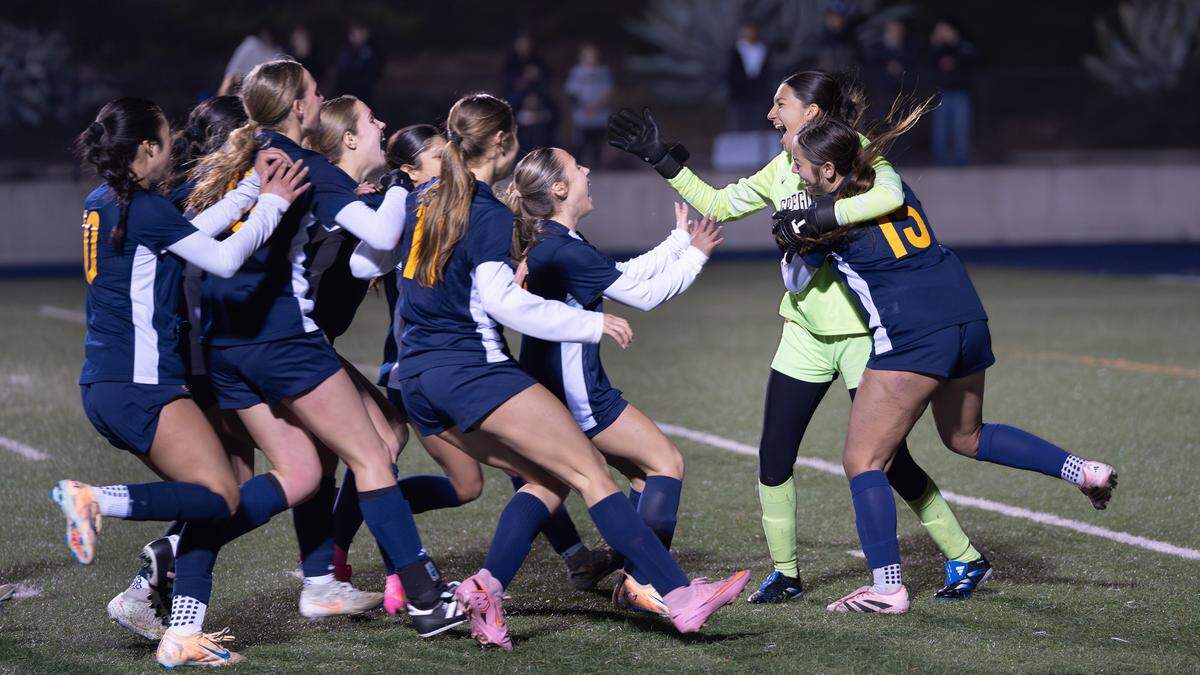 Gregori goalkeeper Jocelyn Malagon is greeted by teammates after beating Davis Senior High to win the CIF Sac-Joaquin Section Division I championship at Cosumnes River College on Saturday, Feb. 21, 2026.