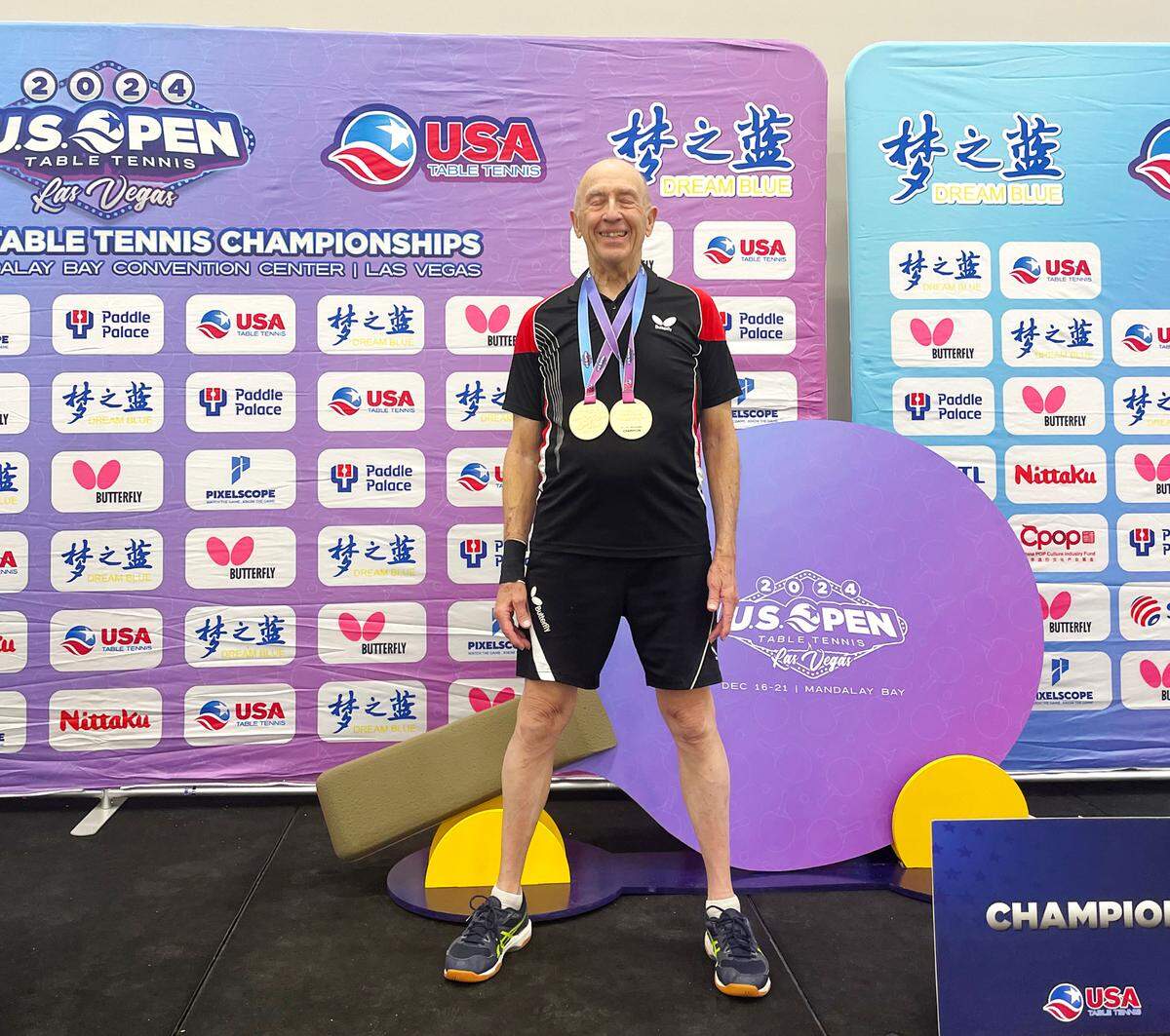 Mike Sturtevant, 80, won the 2024 U.S. Open Table Tennis Championship, taking gold in the 80-and-over men’s singles and 80-and-over men’s doubles division with partner Will Baird of Victorville.