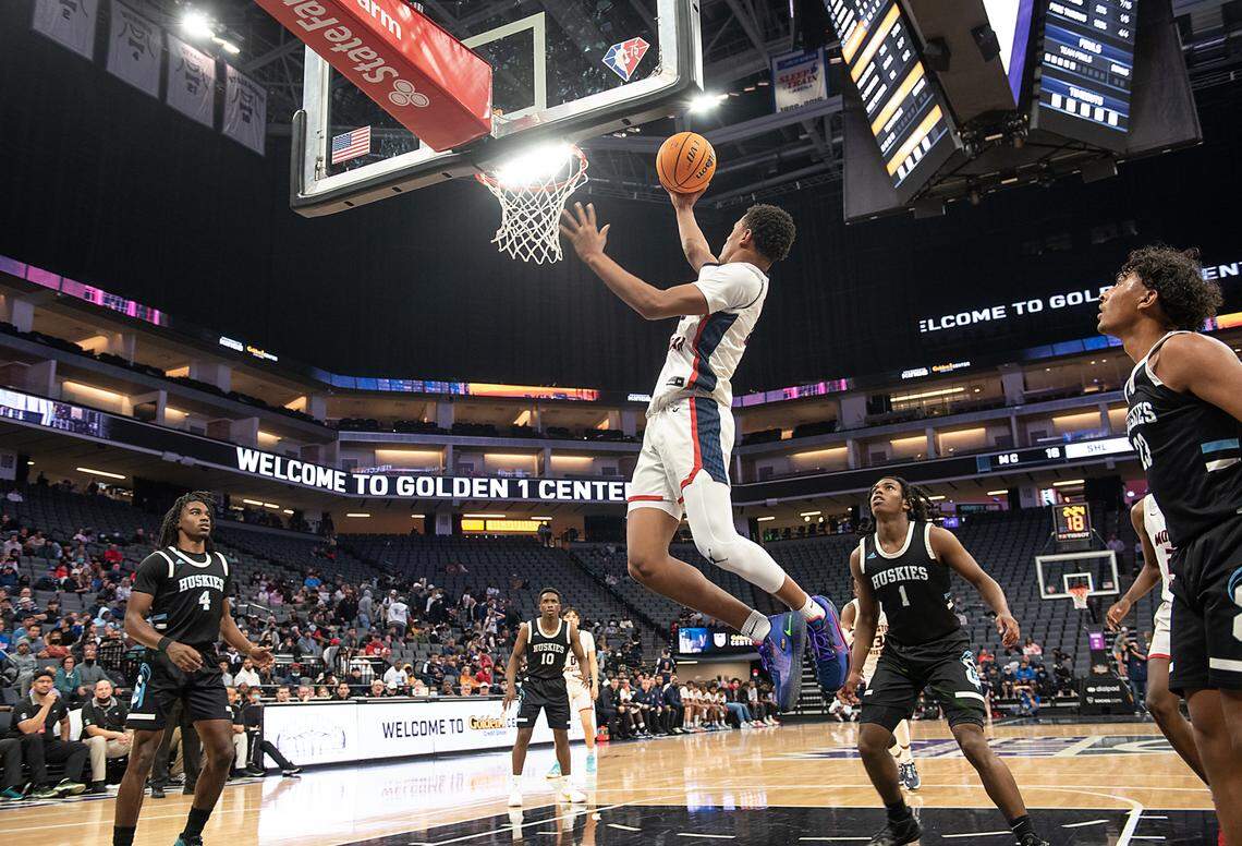 Modesto Christian’s Jamari Phillips scores two of his 22 points during the Sac-Joaquin Section Division 1 boys basketball final with Sheldon at the Golden 1 Center in Sacramento, Calif., on Saturday, Feb. 26, 2022. Modesto Christian won the game 52-42.