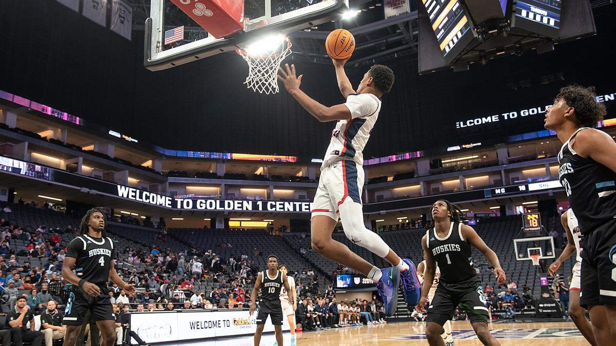 Modesto Christian’s Jamari Phillips scores two of his 22 points during the Sac-Joaquin Section Division 1 boys basketball final with Sheldon at the Golden 1 Center in Sacramento, Calif., on Saturday, Feb. 26, 2022. Modesto Christian won the game 52-42.