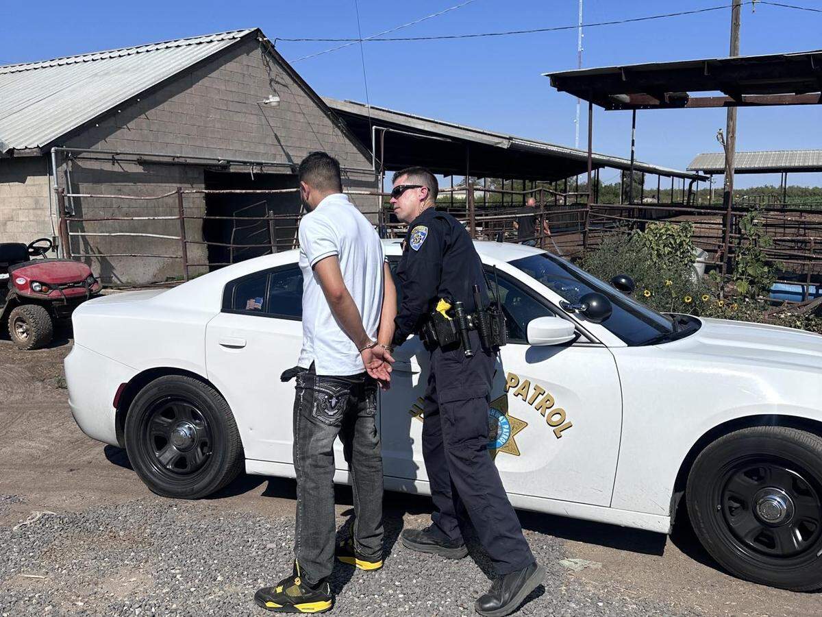 The driver of a Ford Mustang is arrested in Manteca on Sunday, Aug. 10, 2025, after allegedly being involved in a race on Highway 99 in Modesto. A crash resulted, leaving another driver with major injuries.