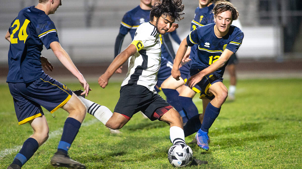 Modesto’s Alexis Luna Alvarez kicks a goal during the Central California Athletic League game with Gregori at Gregori High School in Salida, Calif., on Tuesday, Jan. 11, 2022.
