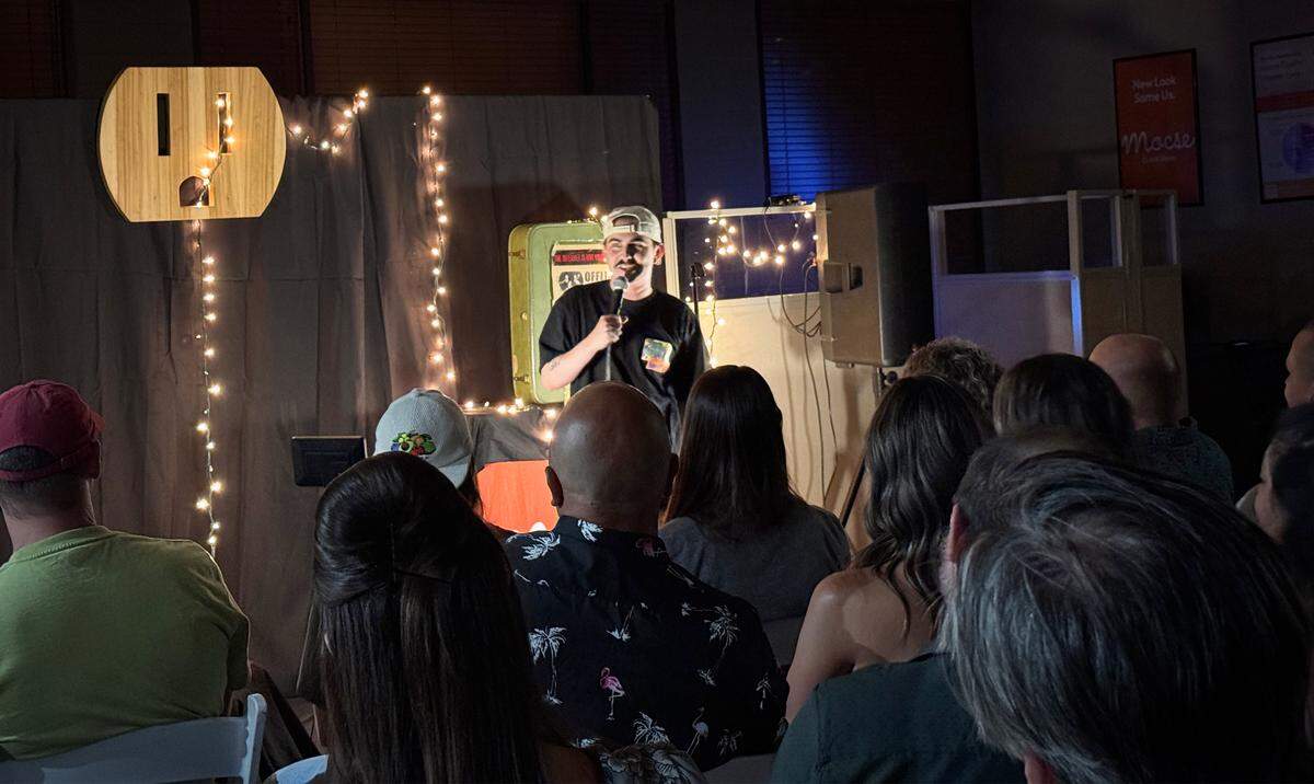Comedian and Offline Comedy partner Marcus Peverill performs at Offline Comedy show at Mocse Credit Union on Saturday, July 26 in downtown Modesto.