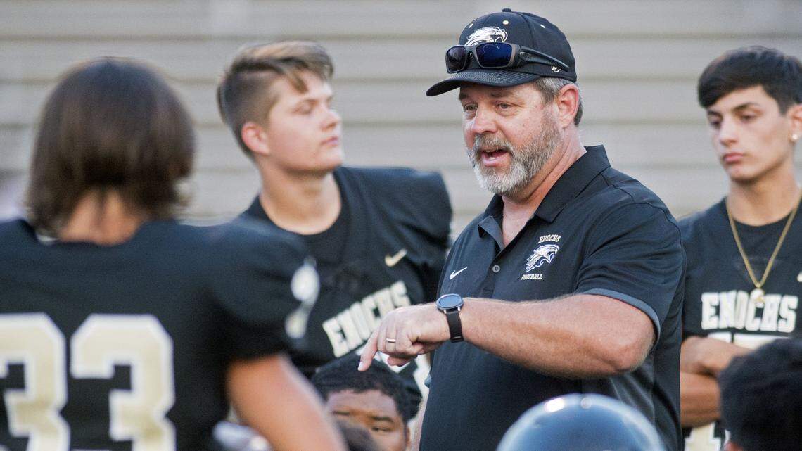 Enoch Head Coach James Stacy before a game between Enochs and Tracy West in Modesto at Downey High School on August 24, 2017. Stacy stepped down as coach after the final game of the 2021 season.