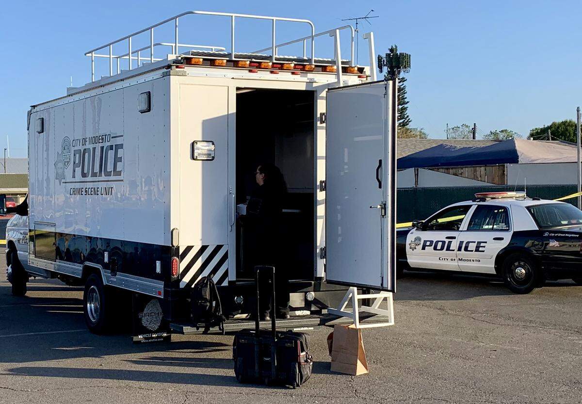 Crime scene personnel were busy Sunday morning after three people were shot inside the Tilted Turtle Bar & Grill at 710 N. Ninth Street in Modesto, CA, on Sunday, April 21, 2019.