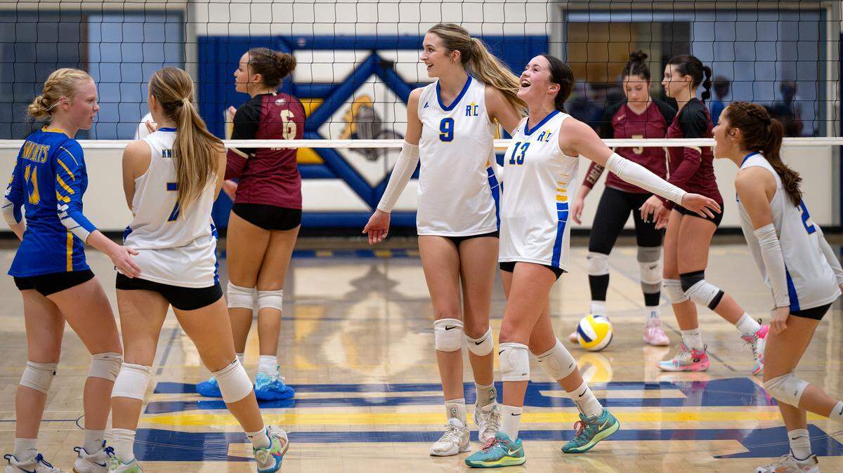 Ripon Christian players celebrate a kill shot during the CIF Northern California regional playoff match with West Valley (Cottonwood) at Ripon Christian High School in Ripon, Thursday, Nov. 13, 2025. 