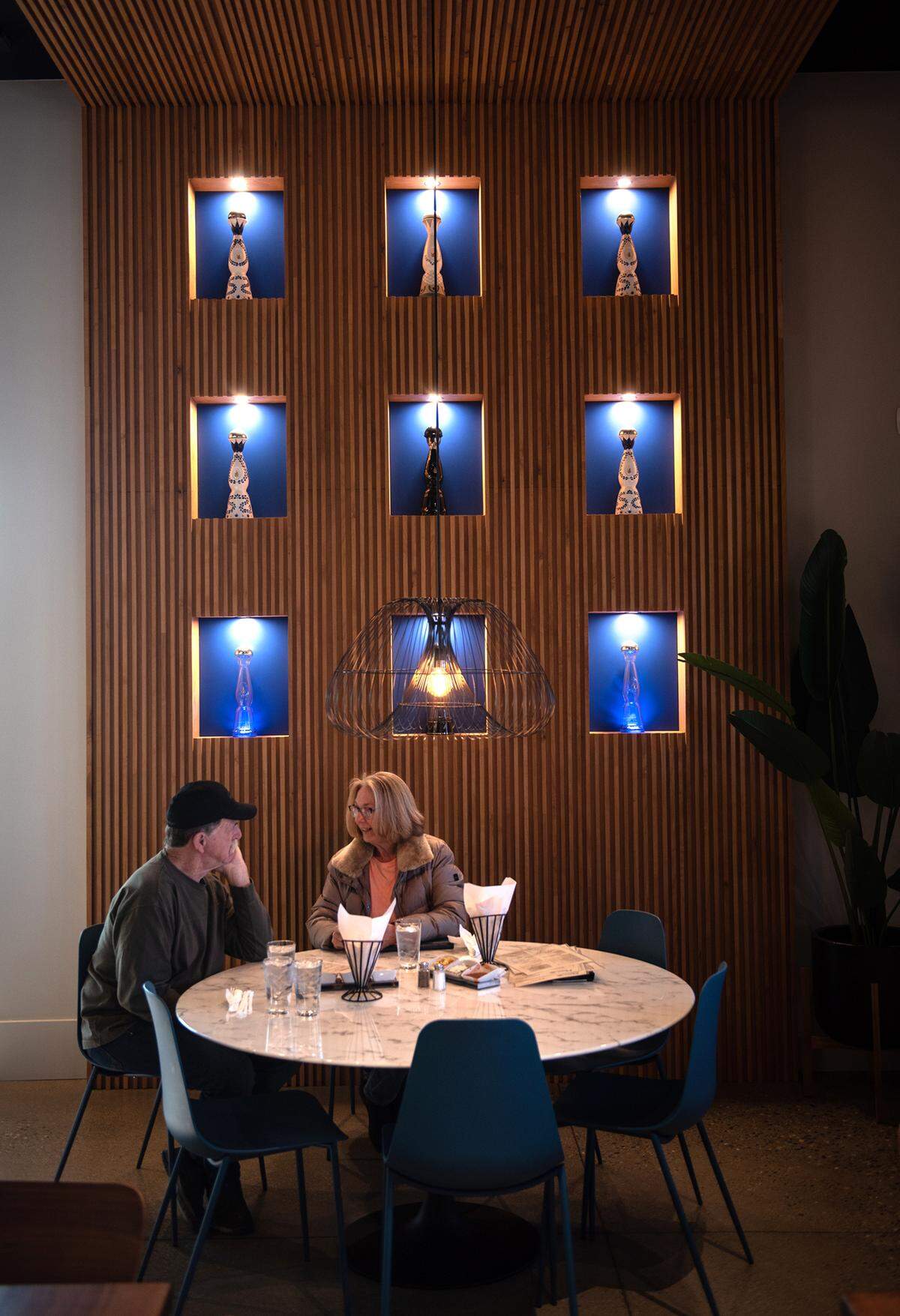 Mike and Teresa Ford enjoy lunch at Memo’s Cocina & Tequila Bar in Modesto, Calif., on Thursday, Feb. 24, 2022.
