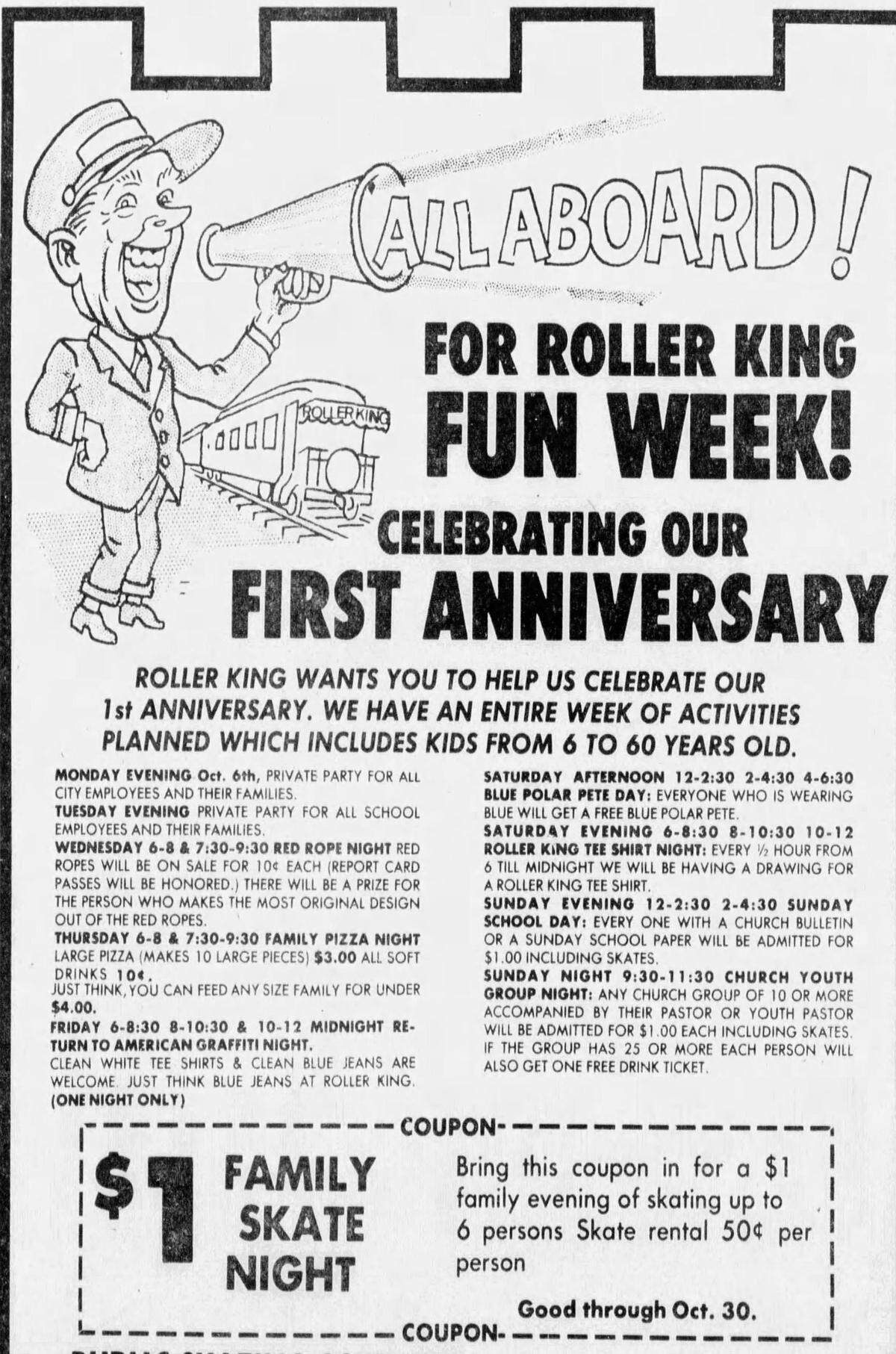 This Roller King first anniversary promotional advertisement from The Modesto Bee published in 1975 shows a discounted price of $1 for up to six people with a skate rental of 50 cents.