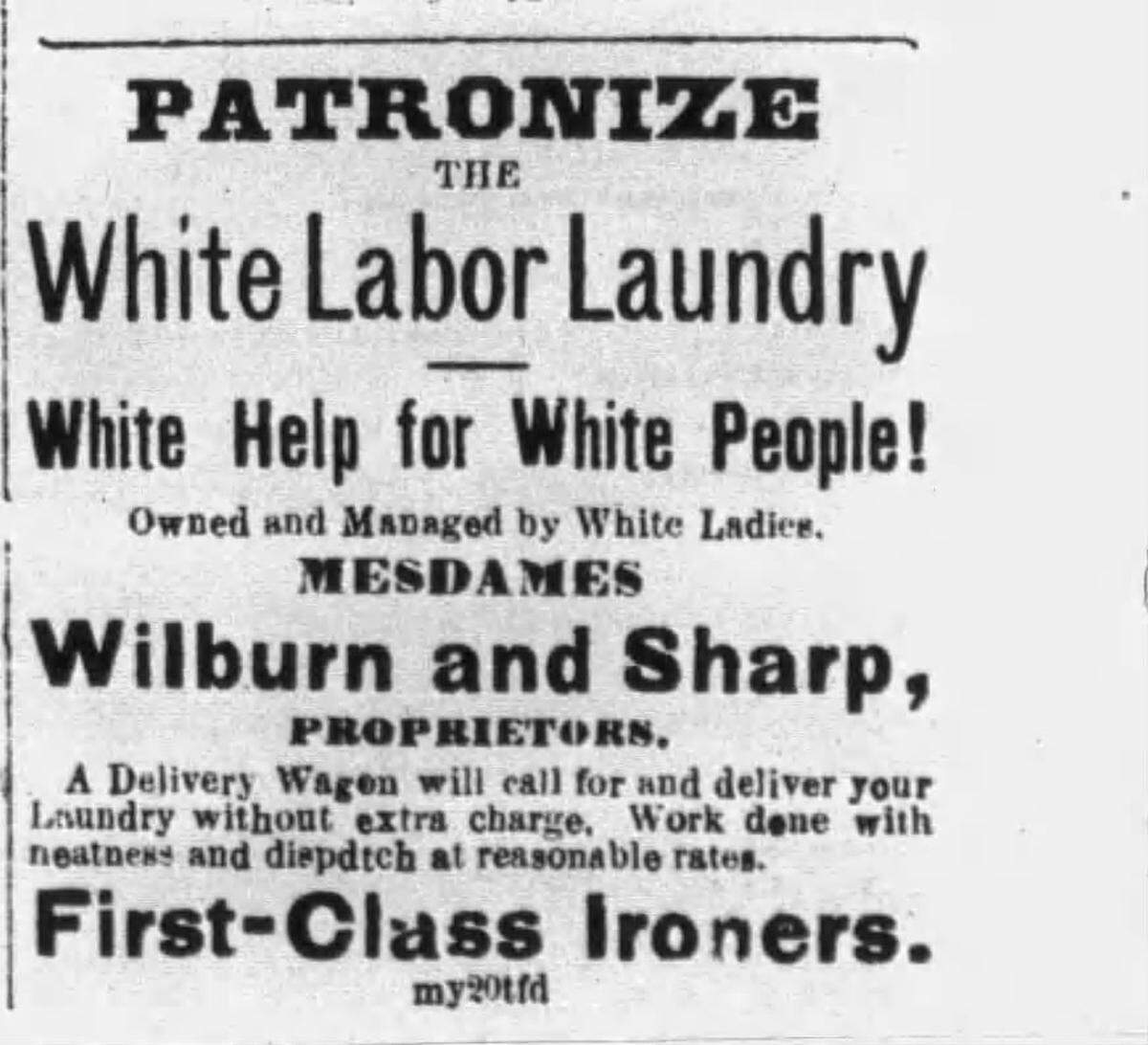 Advertisement for white laundries shown in the Modesto Bee in May 21, 1886.