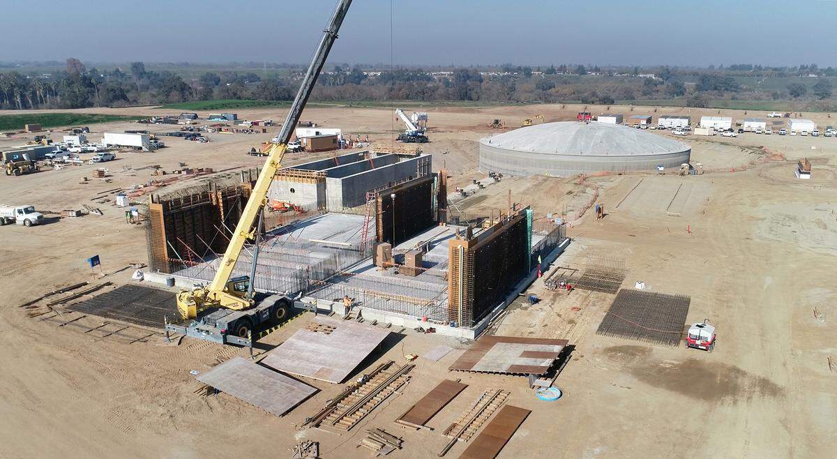 A water treatment plant is being built as part of the Regional Surface Water Supply Project near Hughson, Calif., Dec. 1, 2021. The plant will treat water pumped from the Tuolumne River and deliver drinking water to Turlock and Ceres starting in 2023.