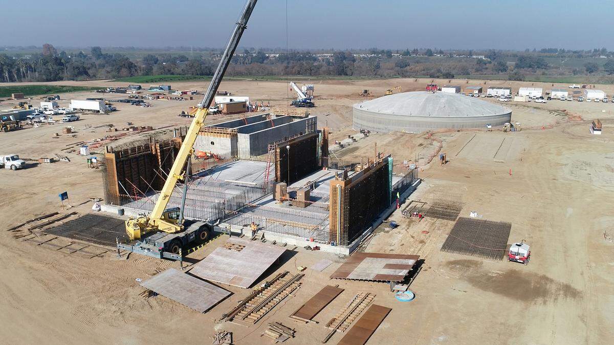 A water treatment plant is being built as part of the Regional Surface Water Supply Project near Hughson, Calif., Dec. 1, 2021. The plant will treat water pumped from the Tuolumne River and deliver drinking water to Turlock and Ceres starting in 2023.