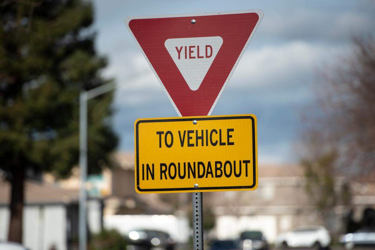 Traffic circle at Paramont Way and Flushing Meadows Drive in Modesto, Calif., on Tuesday, Dec. 28, 2021.