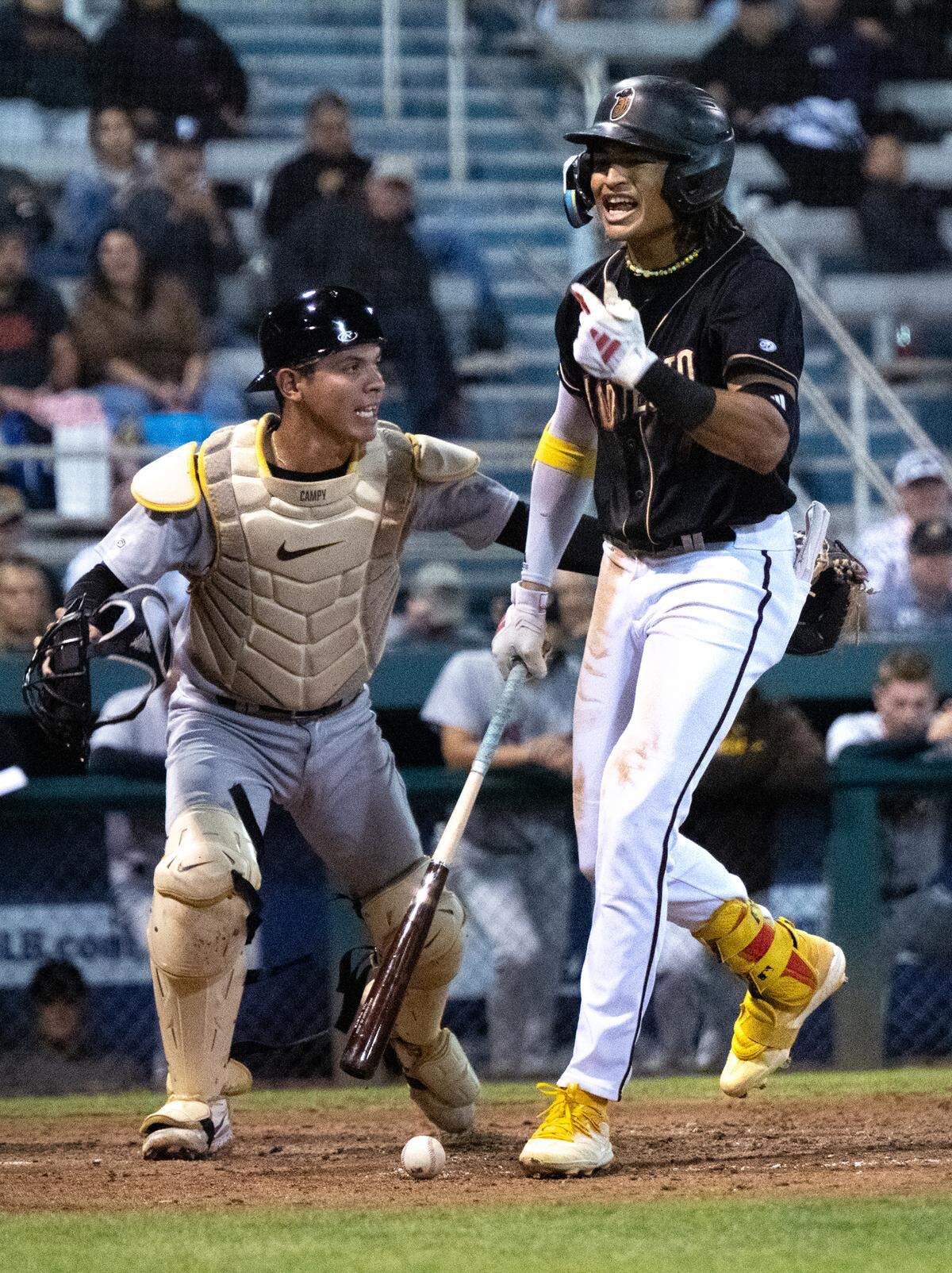 Modesto Nuts’ Tai Peete draws a walk after a battle with Lake Elsinore pitcher during the California League Championship game at John Thurman Field in Modesto, Calif., Wednesday, Sept. 18, 2024. Modesto won the game 2-1 to win the California League Championship.