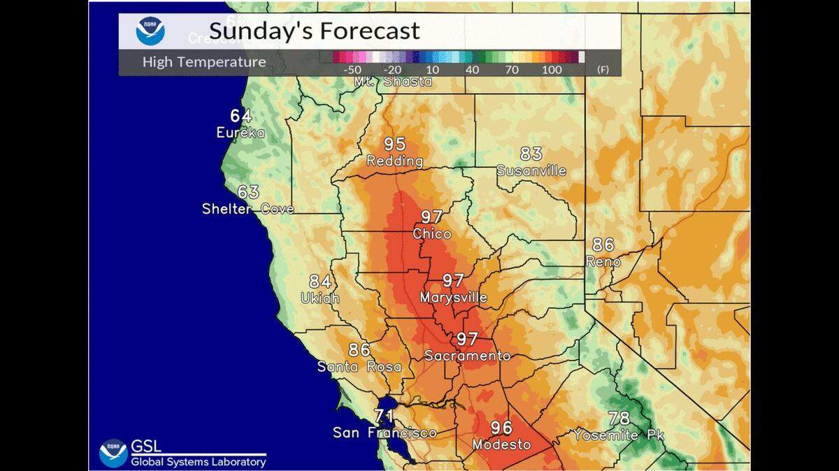 Temperatures in Modesto, Calif., will hit the upper 90s on Sunday, May 15, 2022, the National Weather Service said.
