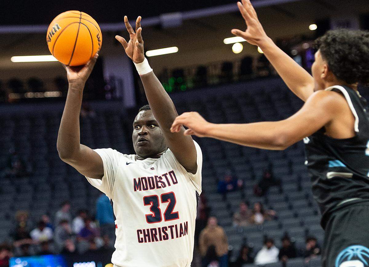 Modesto Christian’s Manasse Itete shoots a jump shot during the Sac-Joaquin Section Division 1 boys basketball championship game with Sheldon at the Golden 1 Center in Sacramento, Calif., on Saturday, Feb. 26, 2022. Modesto Christian won the game 52-42.