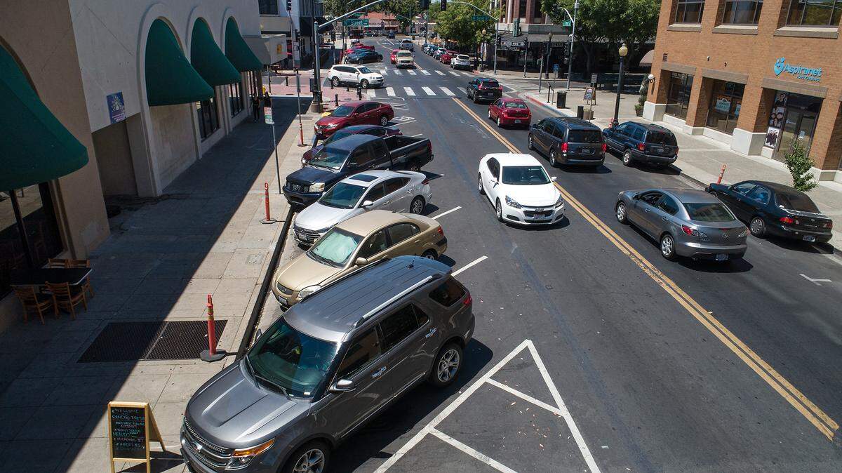 Angled parking along J Street in Modesto, Calif., on Thursday, June 3, 2021.