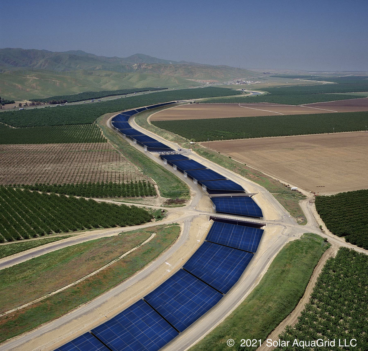An artist rendering shows how solar panels might be placed atop the California Aqueduct in western Stanislaus County.