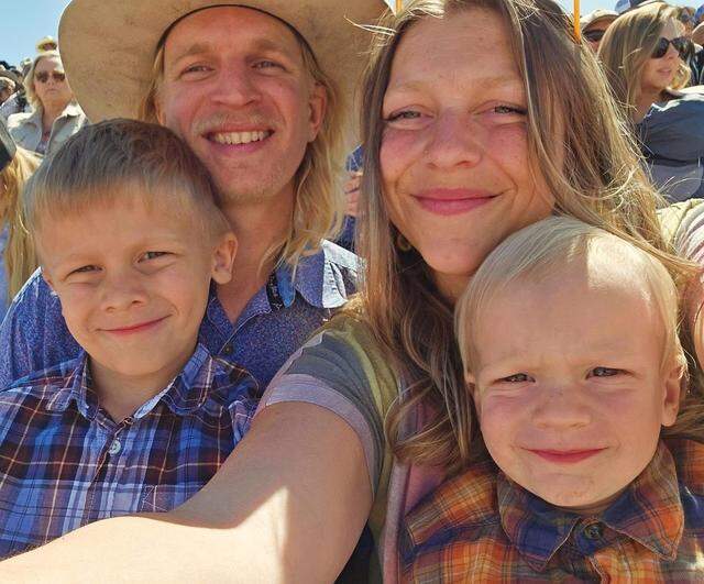 Twyla Capurro, right, poses with her fiancé, Kyle Lovelady, and their two young sons in a family photo. Capurro, 35, of Coulterville, was killed in a tunnel collapse near Knights Ferry on April 14, 2026.