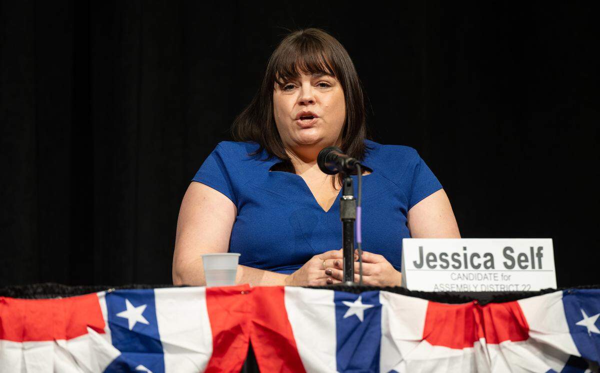 Jessica Self, candidate for the 22nd Assembly District speaks during a NAACP 2024 candidates forum at Modesto Centre Plaza in Modesto, Calif., Thursday, Feb. 22, 2024.