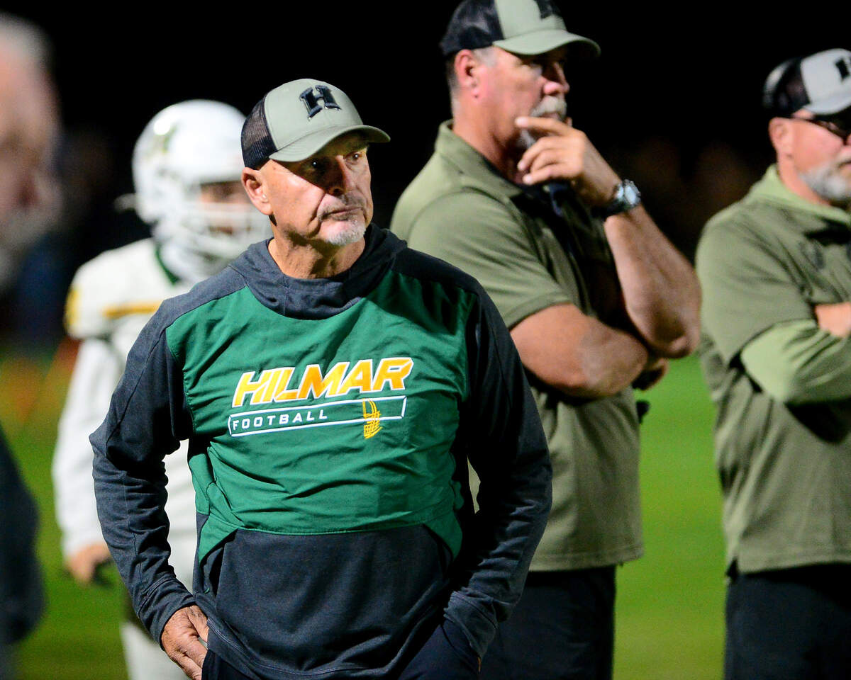 Hilmar head coach Frank Marques walks the sideline during the game with Hughson at Hughson High School on Oct. 24, 2025.