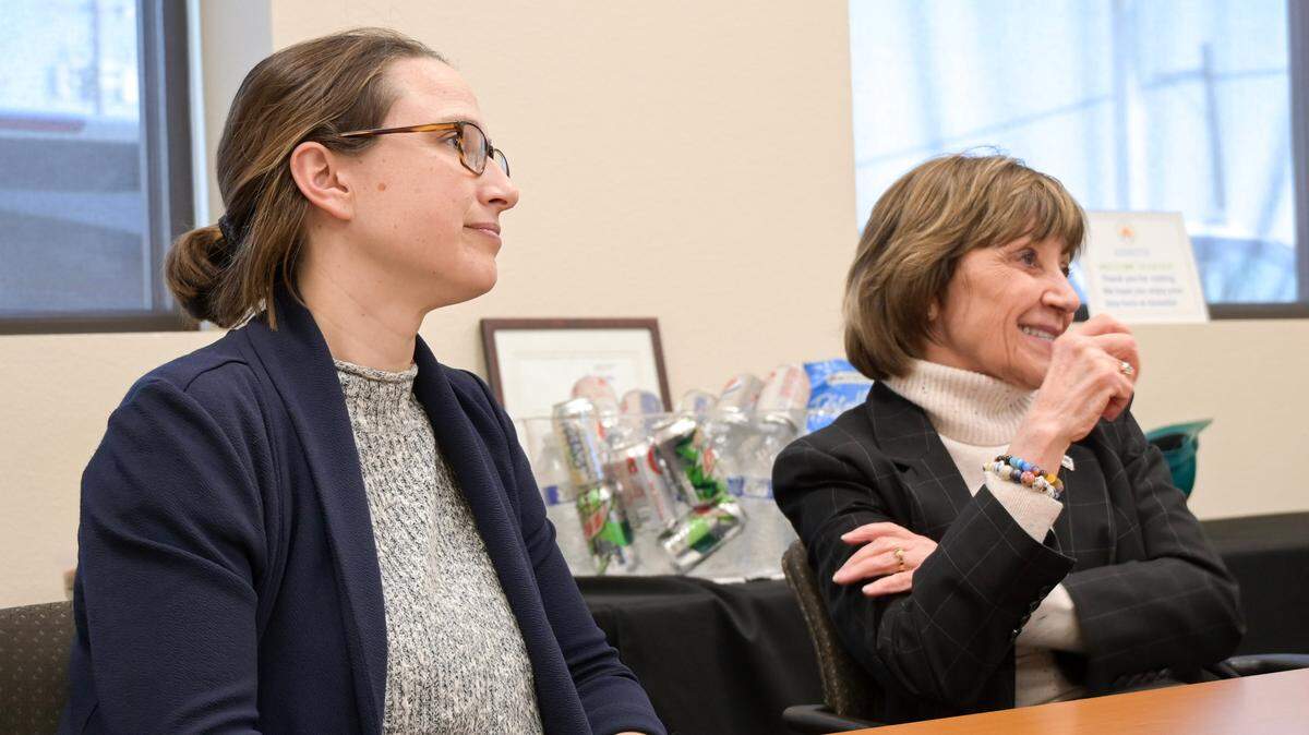 California Agriculture Secretary Karen Ross, right, sits with BEAM Circular Chief Executive Officer Karen Warner during a visit to Stanislaus County on Thursday, Feb. 9, 2023.