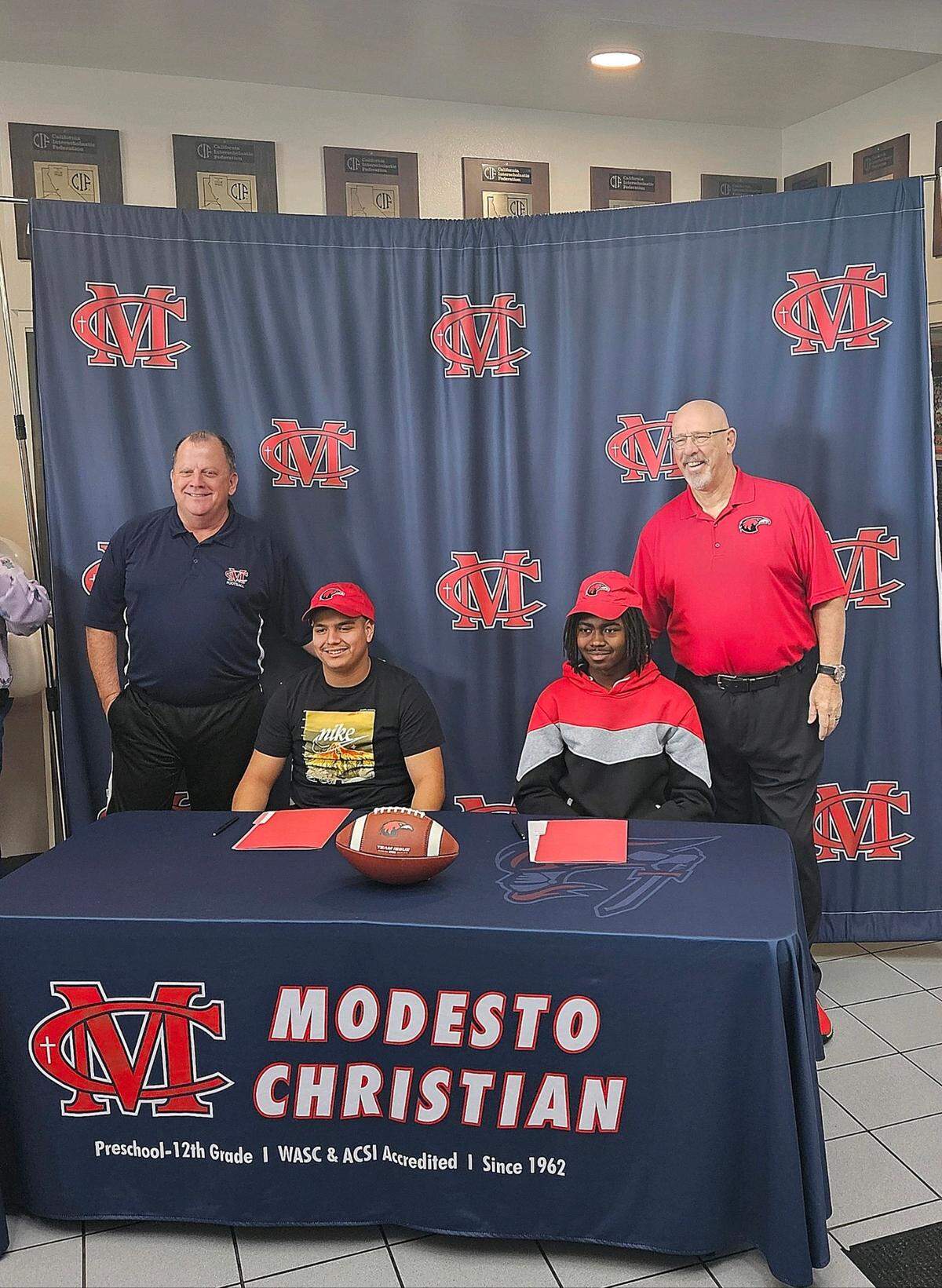 Modesto Christian High football players Eli’jah Cook and Jesus Ontiveros signed letters of intent to play college football during the football regular signing period on Feb. 8, 2023.