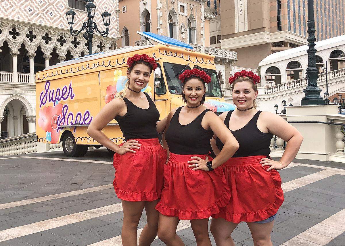 The Super Sope team poses during filming of “The Great Food Truck Race” for the Food Network. From L-R: Priscilla Gutierrez of Turlock, Carina Stringfellow of Turlock and Lindsey Stringfellow of Denair.