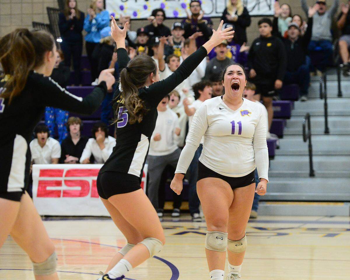 Escalon’s Karisa McNeil (1) celebrates during a CIF San-Joaquin Division III Girls Volleyball Playoffs game between Escalon High School and Ponderosa High School at Escalon High School in Escalon CA on November 1, 2022. Escalon won the match 3-2.