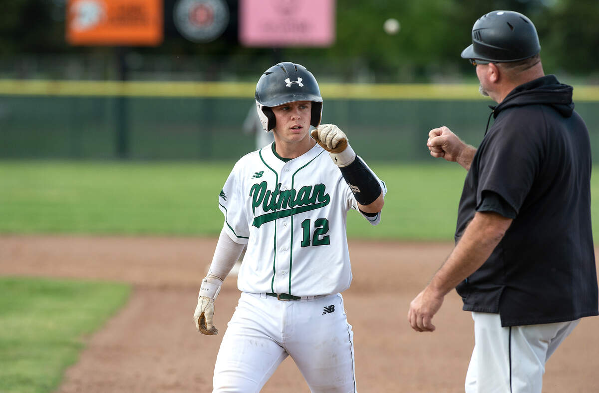 Pitman’s Dominic Damante singled during the Central California Athletic League game with Downey at Pitman High School in Turlock, Calif., Tuesday, May 2, 2023. Pitman won the game 7-2.