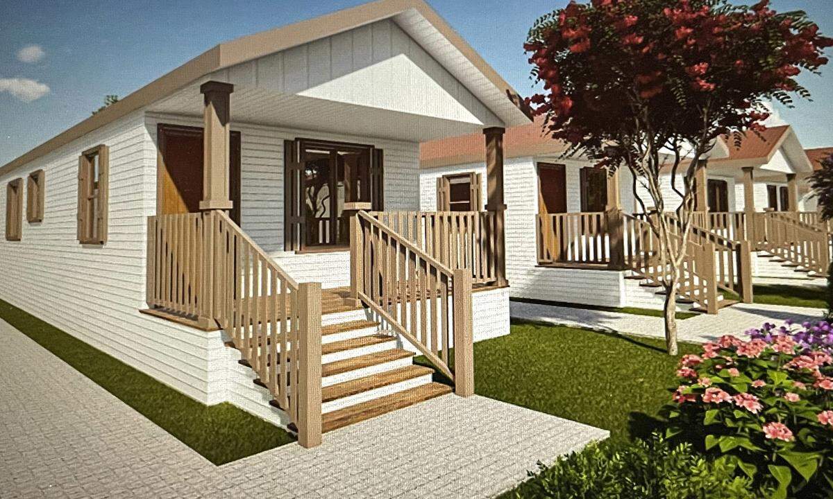 Small two-bedroom houses are part of a project for homeless people discussed in Riverbank, California, on Sept. 24, 2024.