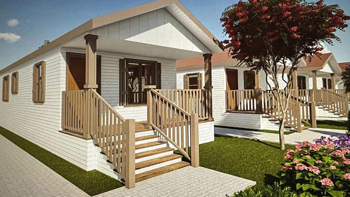 Small two-bedroom houses are part of a project for homeless people discussed in Riverbank, California, on Jan. 28, 2025.