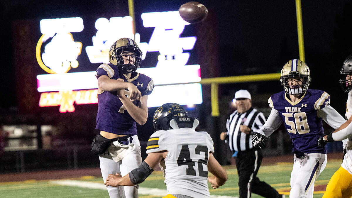 Bradshaw Christian quarterback Ethan Rickert makes a pass during the Sac-Joaquin Section Division VI championship game against Hughson on Saturday, Nov. 25, 2023, at Sacramento City College’s Hughes Stadium.