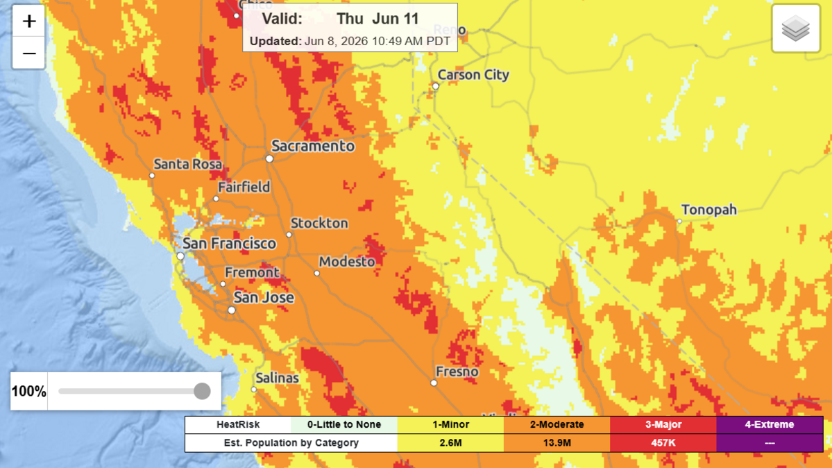 A screenshot of the National Weather Service’s heat risk map of northern California and the Central Valley.