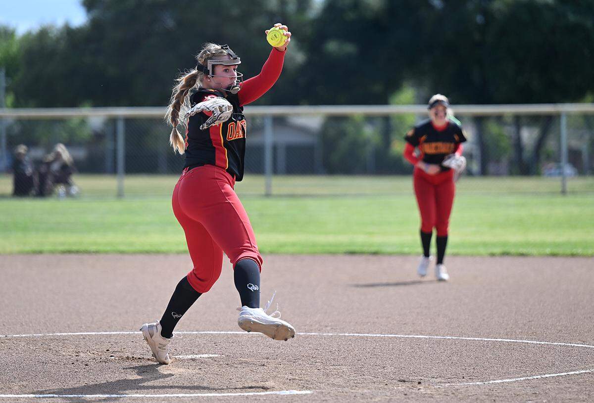 Oakdale’s Delainey Everett delivers a pitch during the Valley Oak League game with Kimball in Oakdale, Calif., Thursday, May 4, 2023.