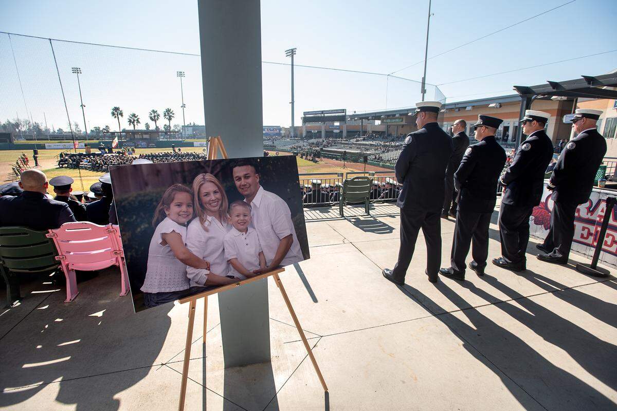 Memorial service for fallen Stockton Fire Capt. Vidal “Max” Fortuna at the Banner Island Ballpark in Stockton, Calif., on Tuesday, Feb. 8, 2022.