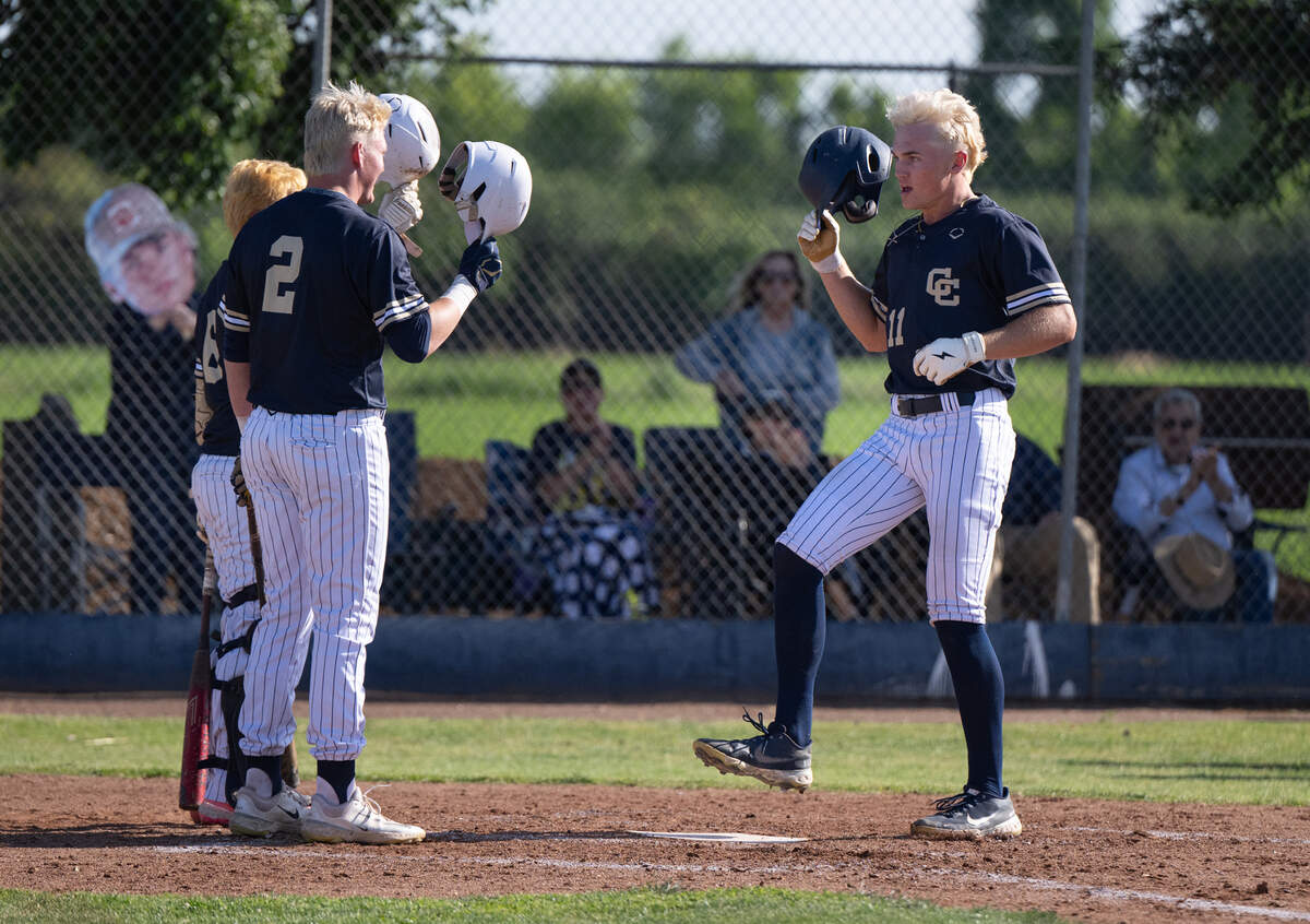Central Catholic’s TP Wentworth steps on homeplate after a two-run homerun in the Sac-Joaquin Section baseball Division III playoff game with Weston Ranch at Central Catholic High School in Modesto, Calif., Tuesday, May 8, 2024. Central Catholic won the game 7-0.