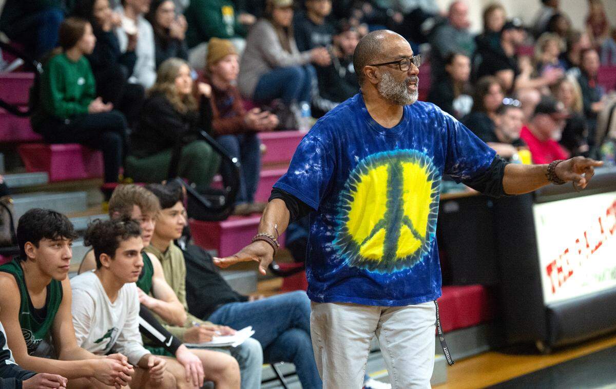 Pitman High coach Harvey Marable calls out to his players during a Central California Athletic League game with Modesto at Modesto High School in Modesto, Calif., Friday, Jan. 13, 2023.