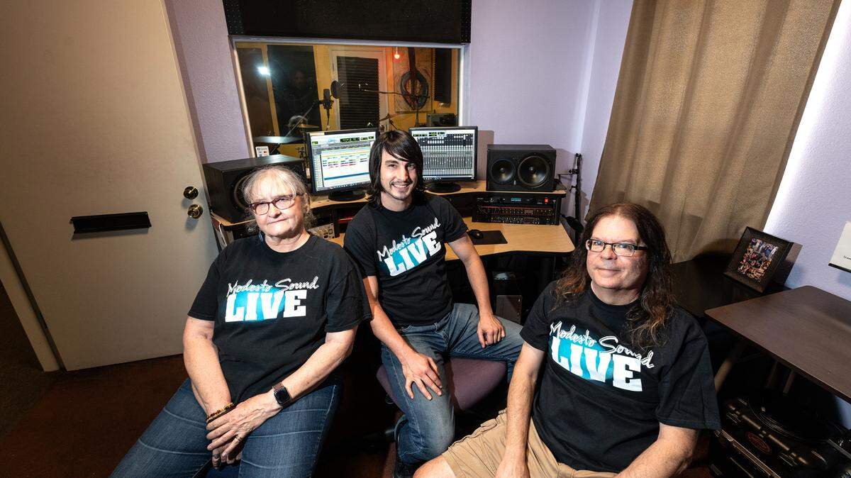 Modesto Sound podcast producers, from the left, Janet Seay, Patrick Richards and Lucky Lew at their sound studio in Modesto, Calif., Wednesday June 28, 2023. Modesto Sound has been awarded a $255,000 grant to record 80 podcasts of people talking about some of the city’s toughest social ills and potential solutions as part of their California Audio Roots Project.