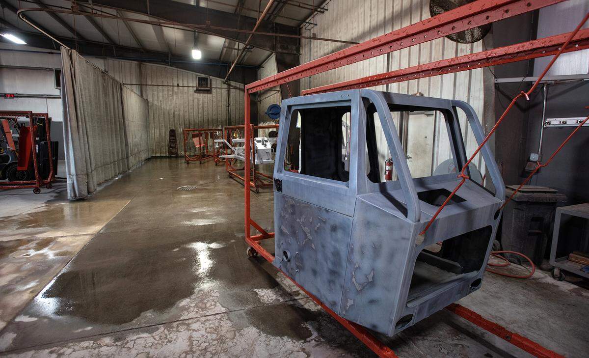 A vehicle cab being prepared for powder coating at Flory Industries, which makes nut harvesting equipment in Salida, Calif., Thursday, Feb. 9, 2023.