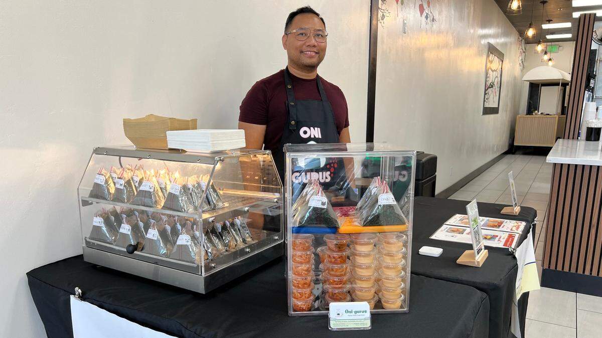 Jonathan Pasamonte, co-owner of Oni-gurus, at a pop-up event at Tealite Drinks and Snow in Modesto, Calif.