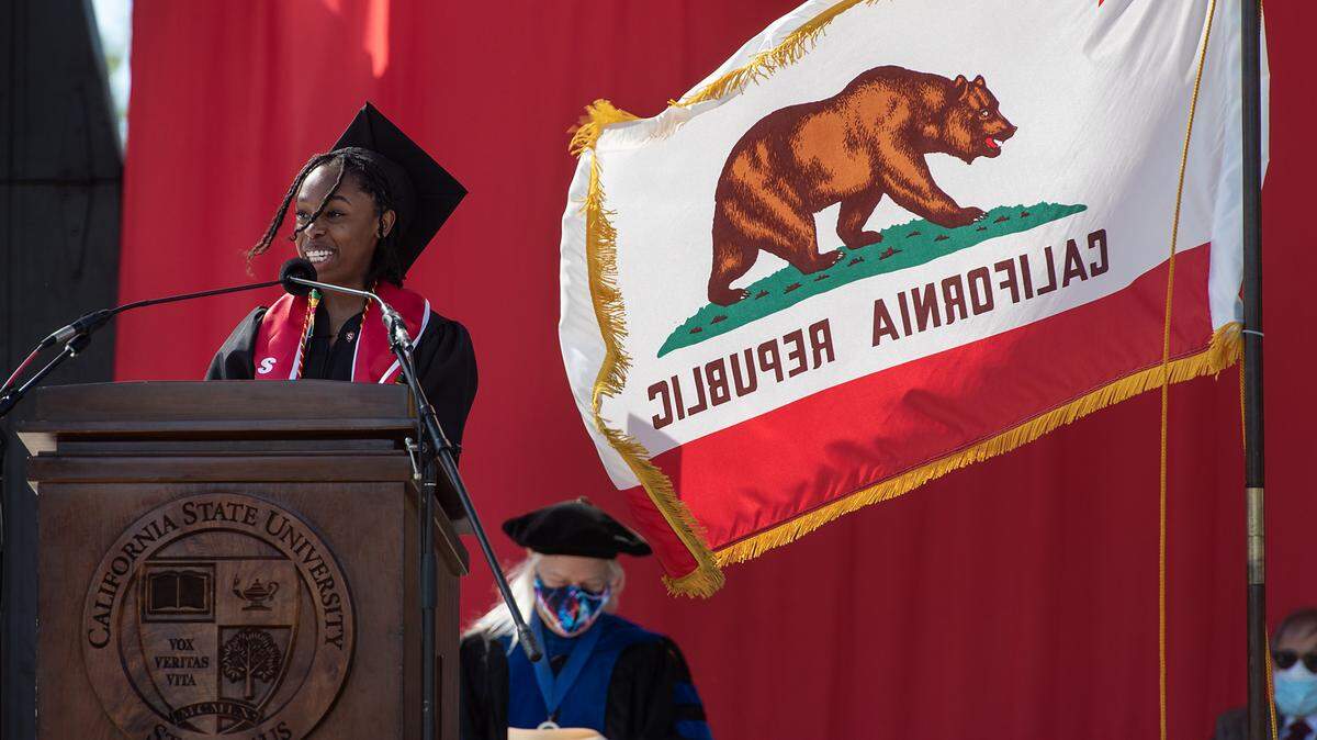 Student commencement speaker Mi’Shaye Venerable addresses 260 graduates of the class of 2020 as they participate in a commencement ceremony at California State University, Stanislaus in Turlock, Calif., on Thursday, May 20, 2021.