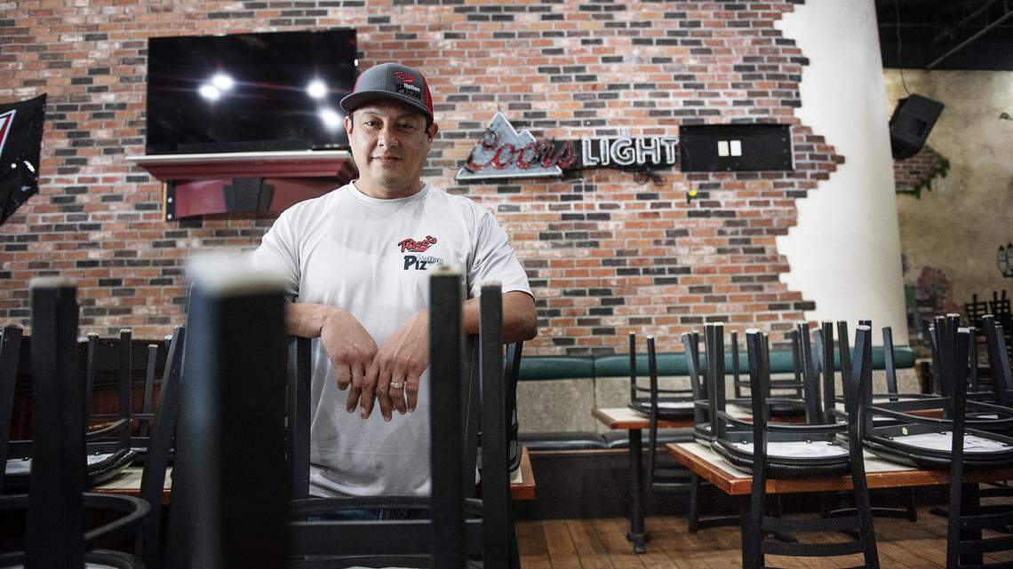 Owner Jesse Aguilar at Rico’s Pizza in Turlock, Calif., on Wednesday, May 13, 2020. Aguilar’s restaurant is preparing food only for take-out or delivery and is anticipating opening his dining room once approval has been granted by health officials.