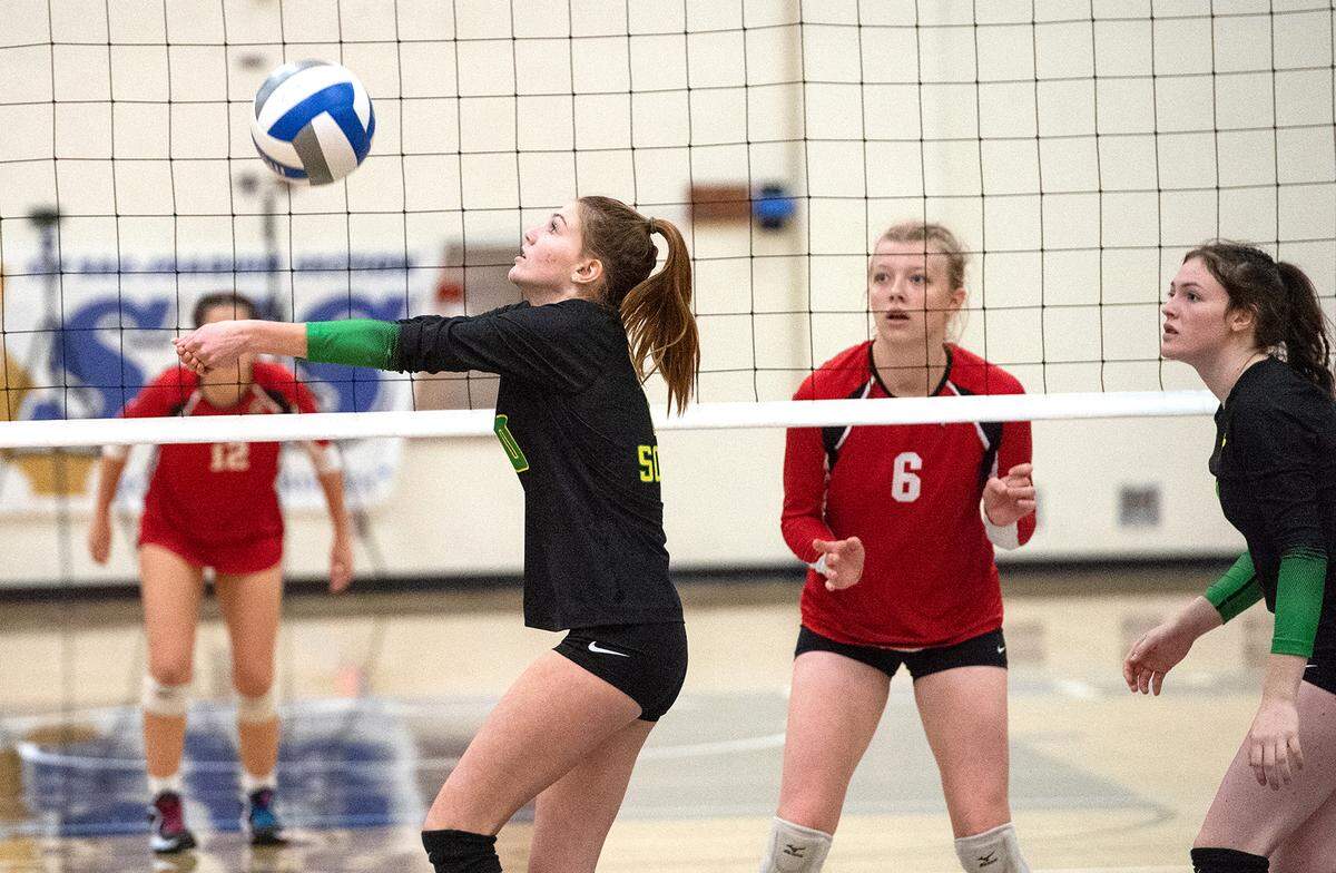 Sonora’s Taylor Allen sets the ball during the Sac-Joaquin Section Division 4 Section final with Ripon at Modesto Junior College in Modesto, Calif., Saturday, Nov. 5, 2022. Ripon won the title 3-1.
