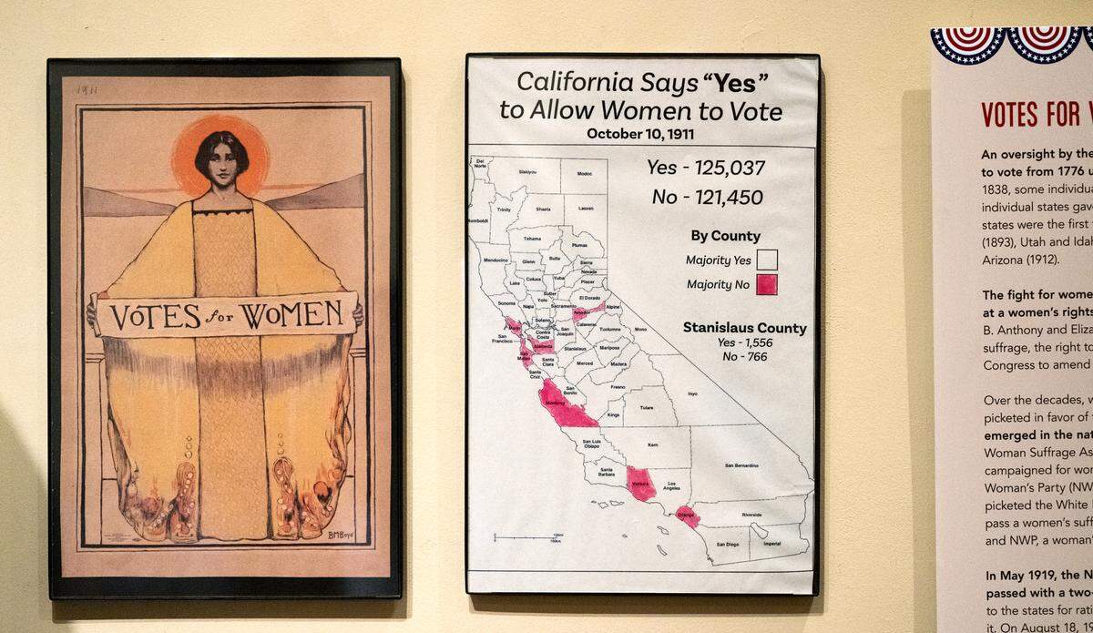 A poster maps out how Californians voted allowing women the right to vote in the ‘California Votes: Exercise Your Right!’ exhibit at the McHenry Museum in Modesto, Calif., Friday, Sept. 27, 2024.