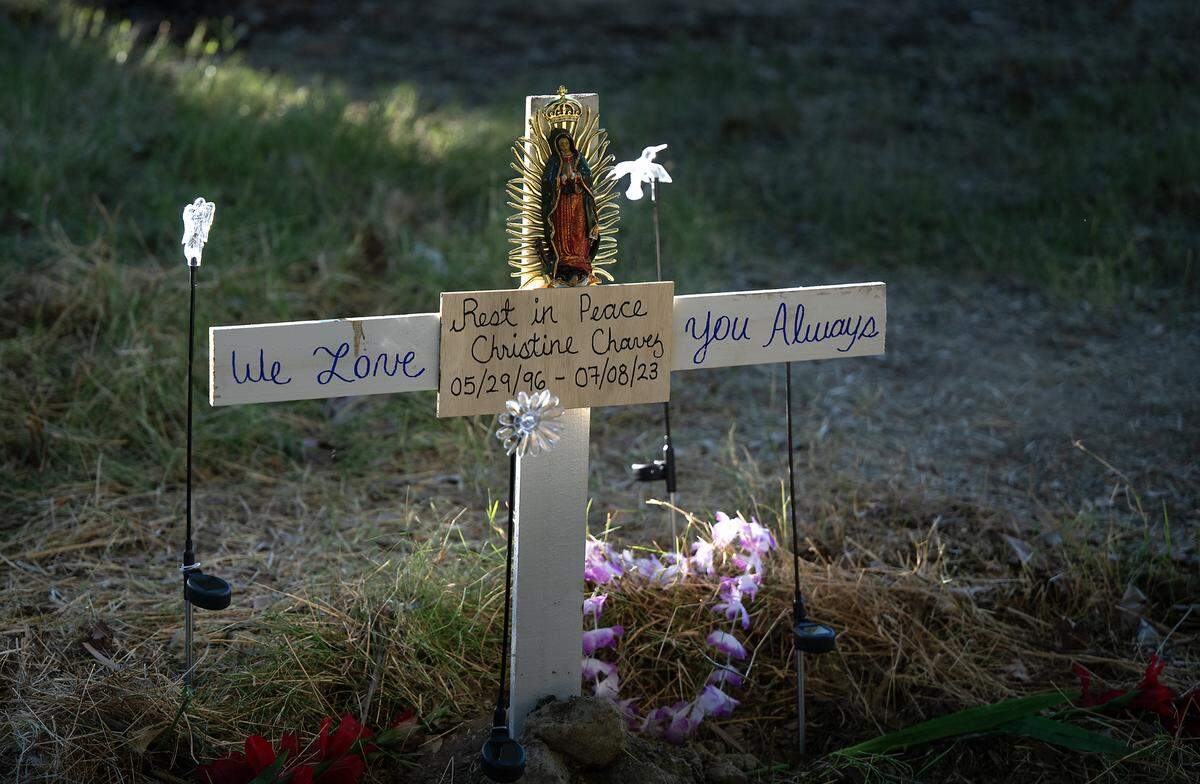 The family of Christine Chavez created a memorial for the homeless woman, killed July 8, 2023 in Beard Brook Park in Modesto.