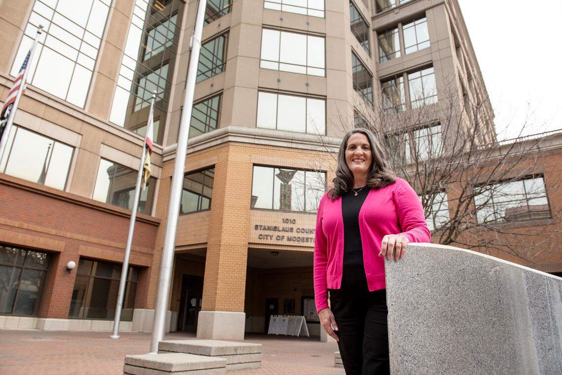 Mayor-elect Sue Zwahlen outside 10th Street Place in Modesto, Calif., on Friday, Feb. 19, 2021.